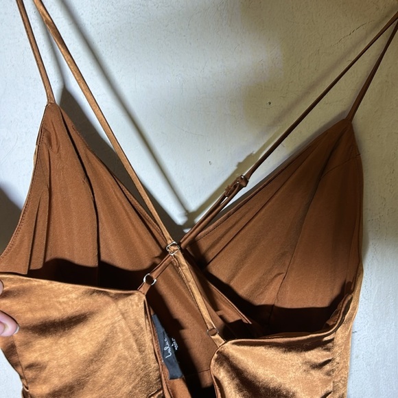 Lulus Hot Night Out Bronze Satin Surplice Faux-Wrap Dress Size Large NWT - Picture 7 of 12